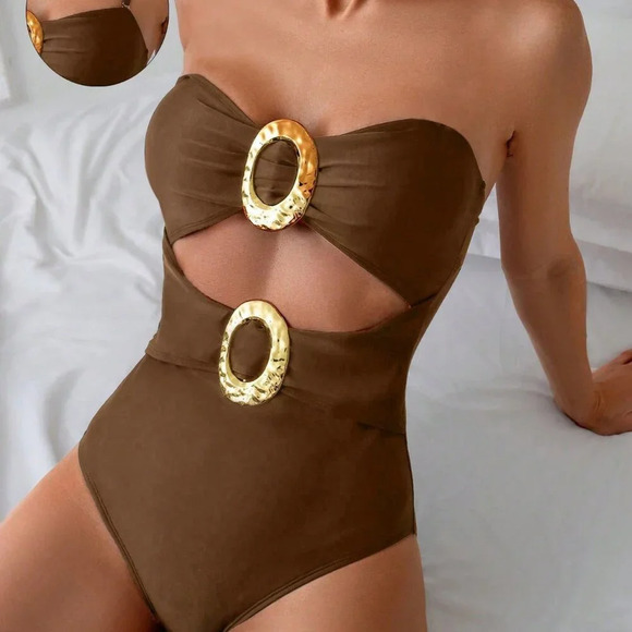 Brown Casual Women's All Hollow Metallic Decor Bodysuit - Picture 4 of 7